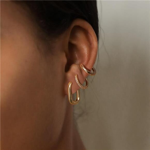 Gold Silver Chunky Hoop Earrings Set 14K Plated Lightweight Jewelry Gift - Picture 3 of 7